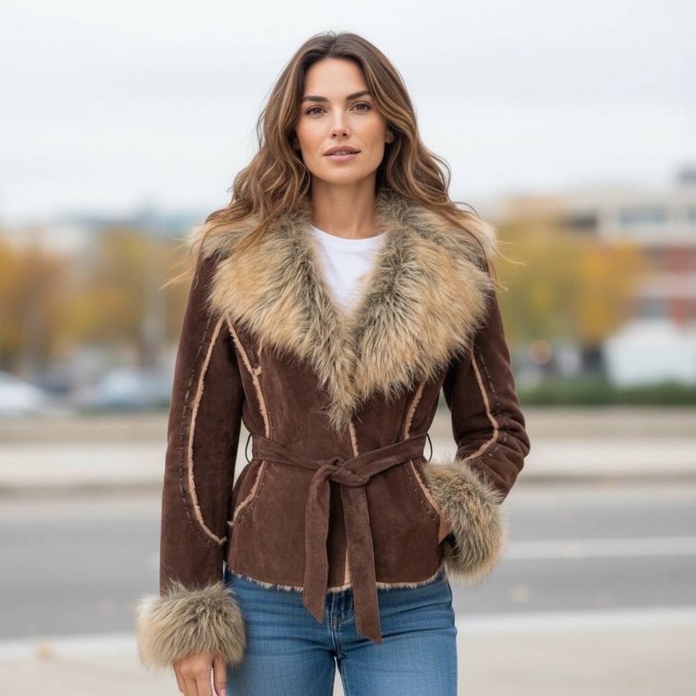 VTG Wilsons Leather Penny Lane Suede Jacket Faux Fur Trim Belted Y2K Boho M